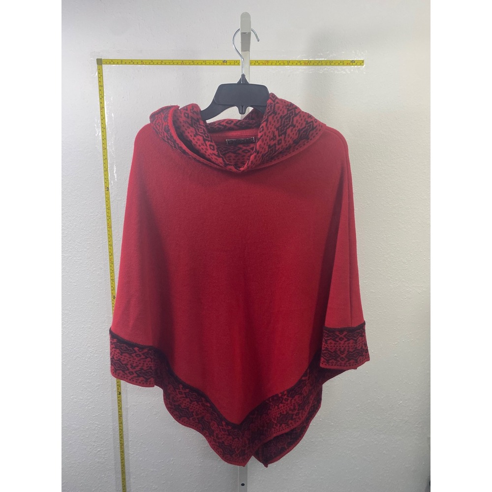 Gabytex Sweaters Red Knit Poncho Cowl‎ Neck Geometric Trim Southwestern One Size